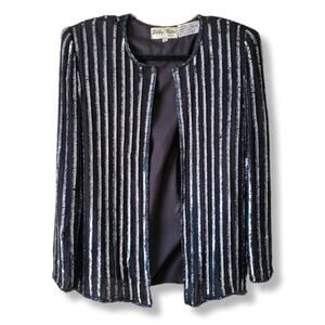VTG 80S Black Silver Sequin Beaded Jacket Blazer MP NYE Cocktail Party Event